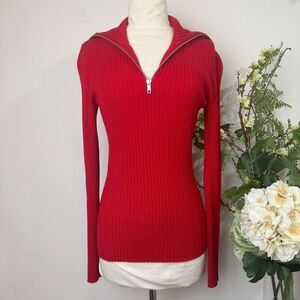 Maeve Anthropologie Red Ribbed Half-Zip Sweater Top Size M
